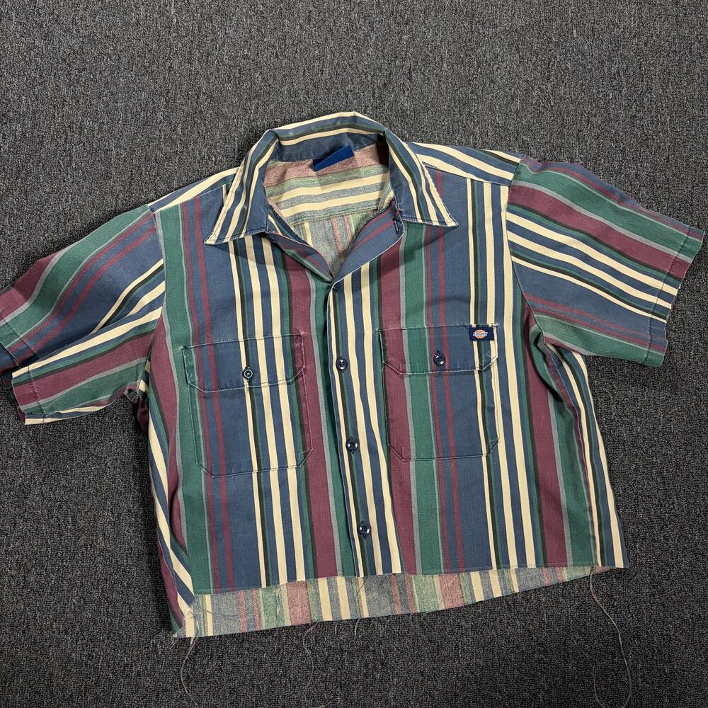 Vintage Y2k Dickies Skateboard Striped Navy Green Button Front Cropped Tee M